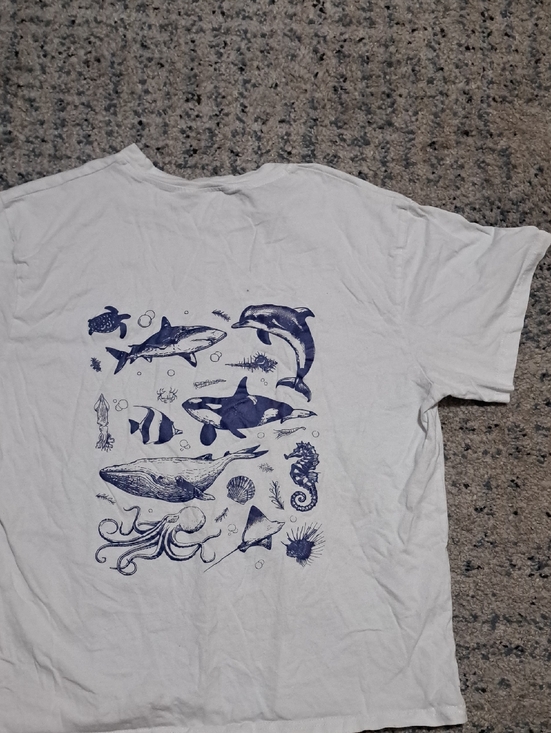 Source Unknown Tops - 100% Cotton White T-Shirt with Navy Sea Life Print